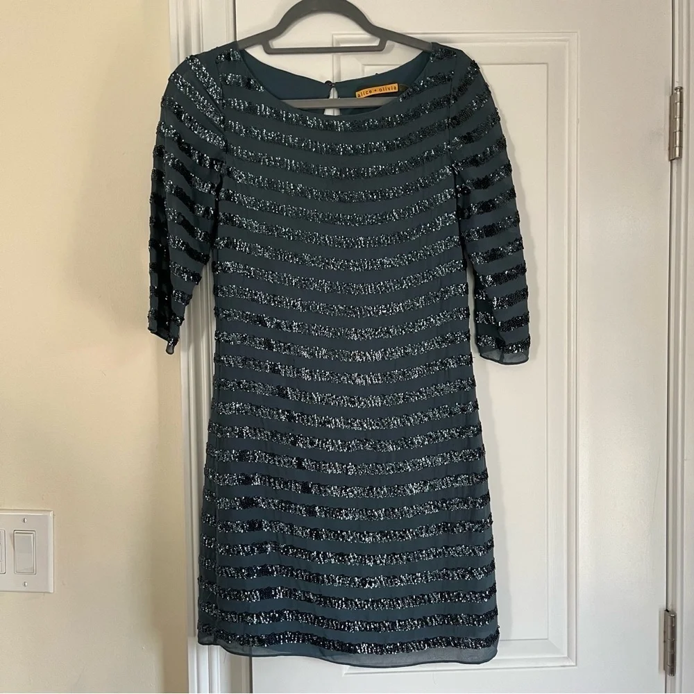 Alice and Olivia | Navy Blue 100%Silk and Striped Sequin Dress Size XS